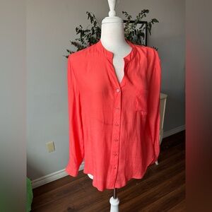 Coral Button Front Tunic Blouse | Lace Back Yoke Long Sleeve